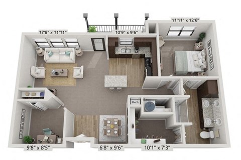 Floor plan for 1 bed, 1 bath, 977 sqft